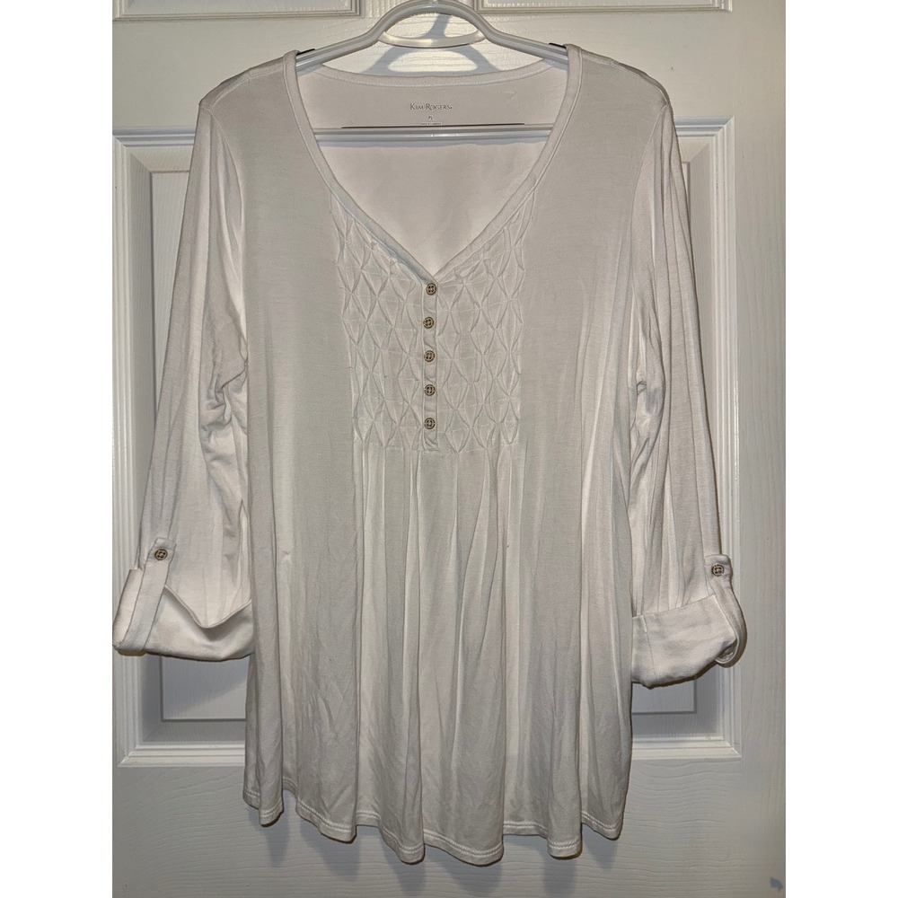 Kim Rogers Blouse Women PL White Excellent Tunic V-Neck 3/4 Roll Tab Sleeve Top